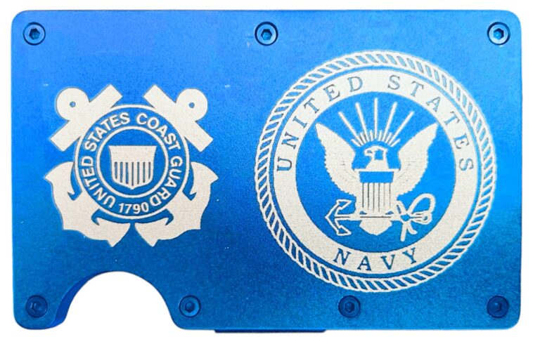 U.S. Coast Guard and U.S. Navy emblems laser engraved on a metal wallet