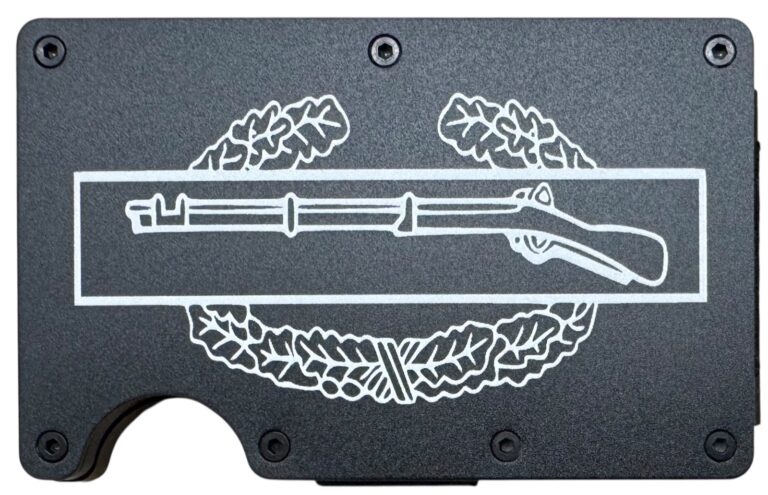 Combat Infantryman Badge laser engraved on a black metal wallet