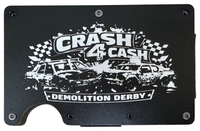 Crash 4 Cash Demolition Derby logo laser engraved on a black metal wallet