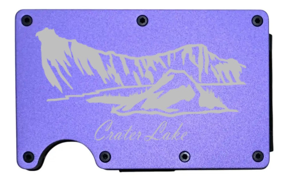 Crater Lake design laser engraved on a purple metal wallet (preview)