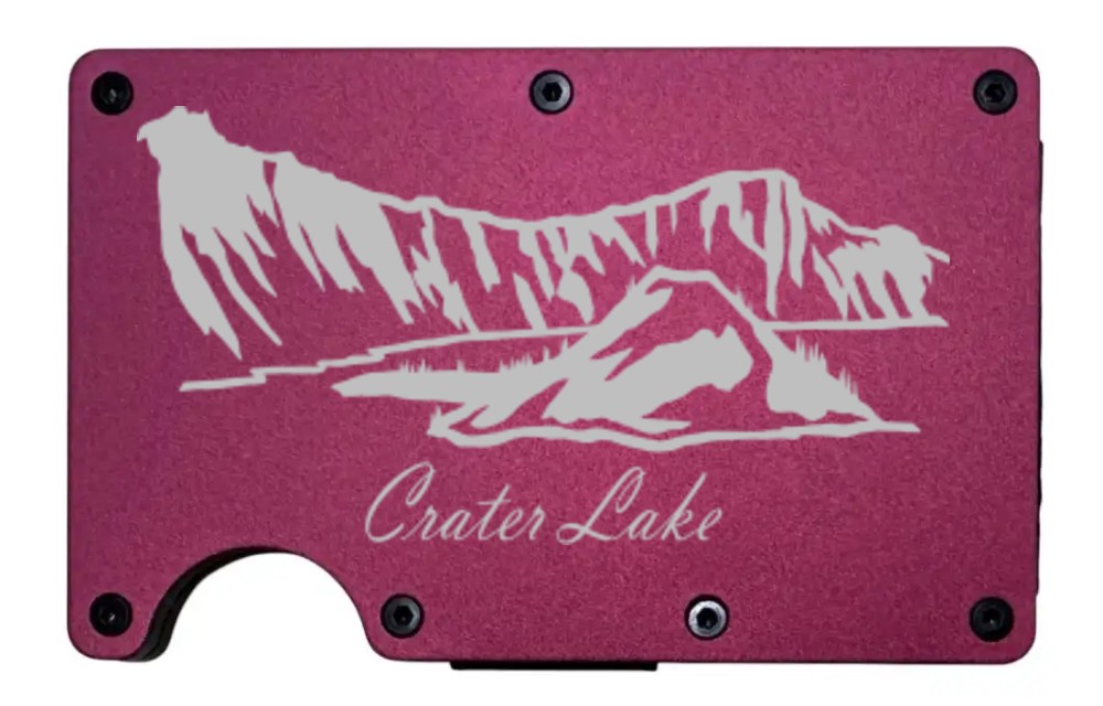 Crater Lake design laser engraved on a wine red metal wallet (preview)