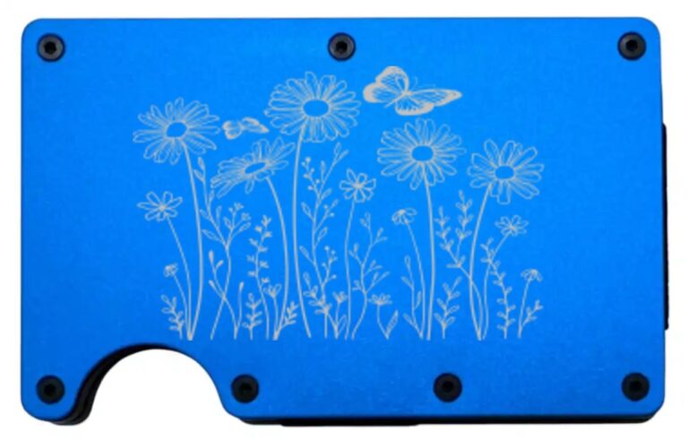 Daisies With Butterflies design laser engraved on a blue metal wallet (preview)