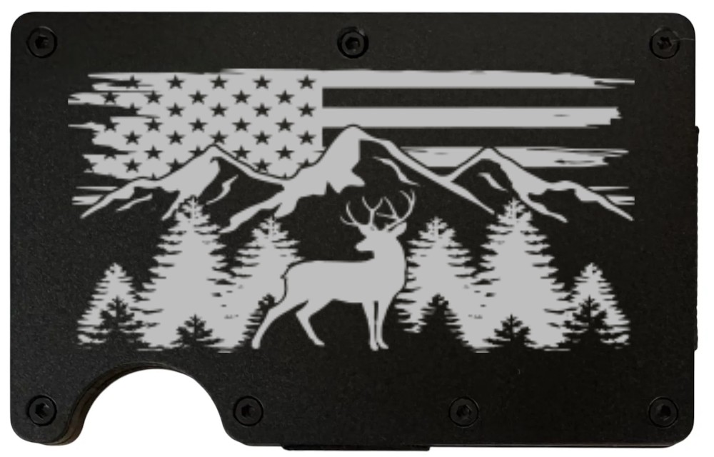 Deer Mountain design laser engraved on a black aluminum RFID wallet