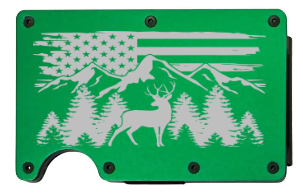 Deer Mountain design laser engraved on a bright green aluminum RFID wallet