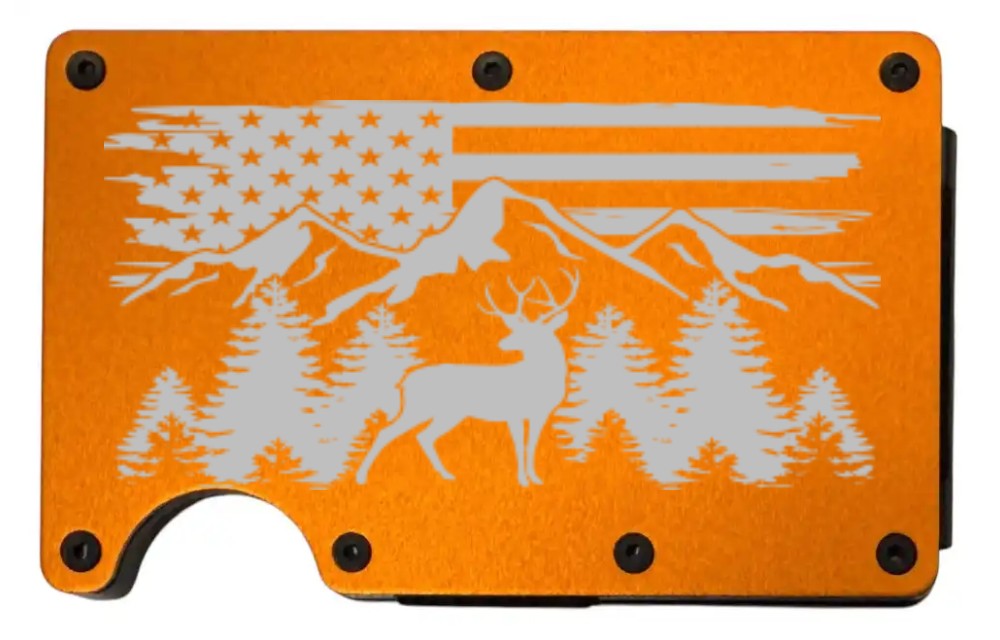Deer Mountain design laser engraved on a orange aluminum RFID wallet