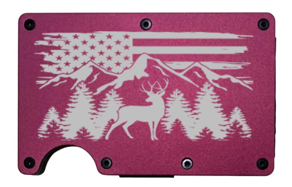 Deer Mountain design laser engraved on a wine red aluminum RFID wallet