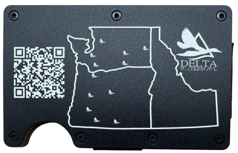 Delta Waterfowl logo, Northwest map and QR code laser engraved on a black metal wallet