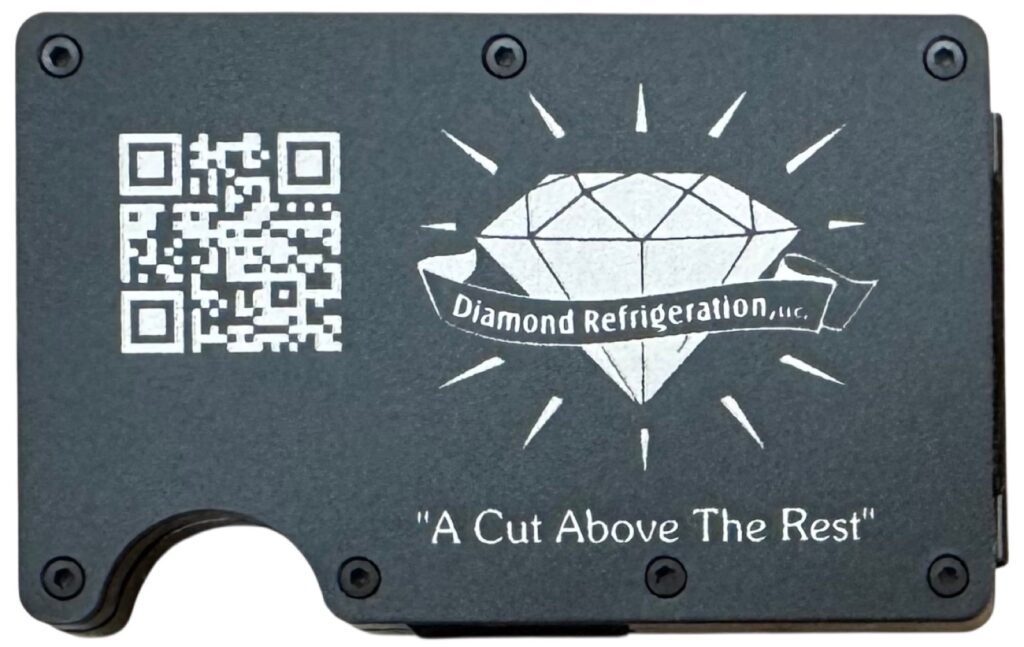 Diamond Refrigeration logo, slogan and QR code laser engraved on a black metal wallet