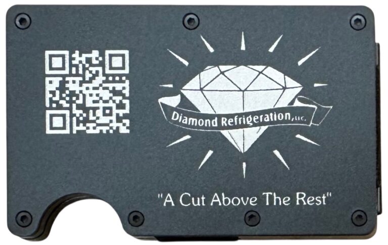 Diamond Refrigeration logo, slogan and QR code laser engraved on a black metal wallet