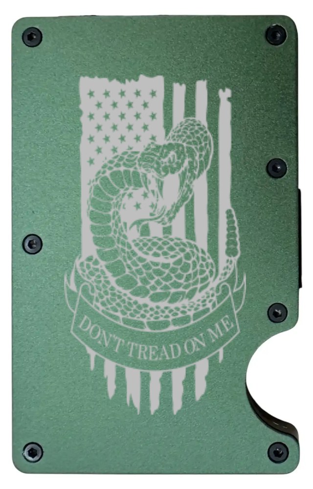 Don't Tread On Me Snake Flag design laser engraved on a army green aluminum RFID wallet in portrait