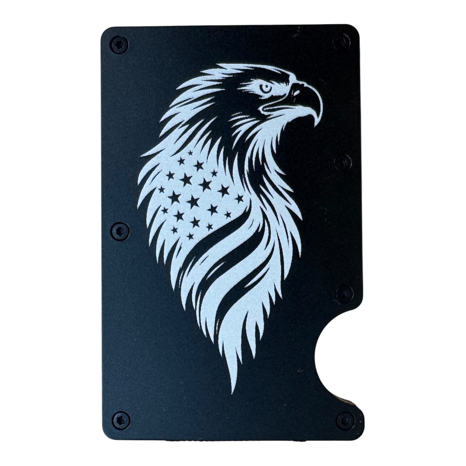 Eagle Flag Feathers design laser engraved on a black metal wallet