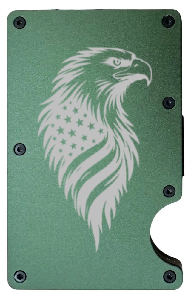 Eagle Flag Feathers design laser engraved on an army green metal wallet, portrait (preview)