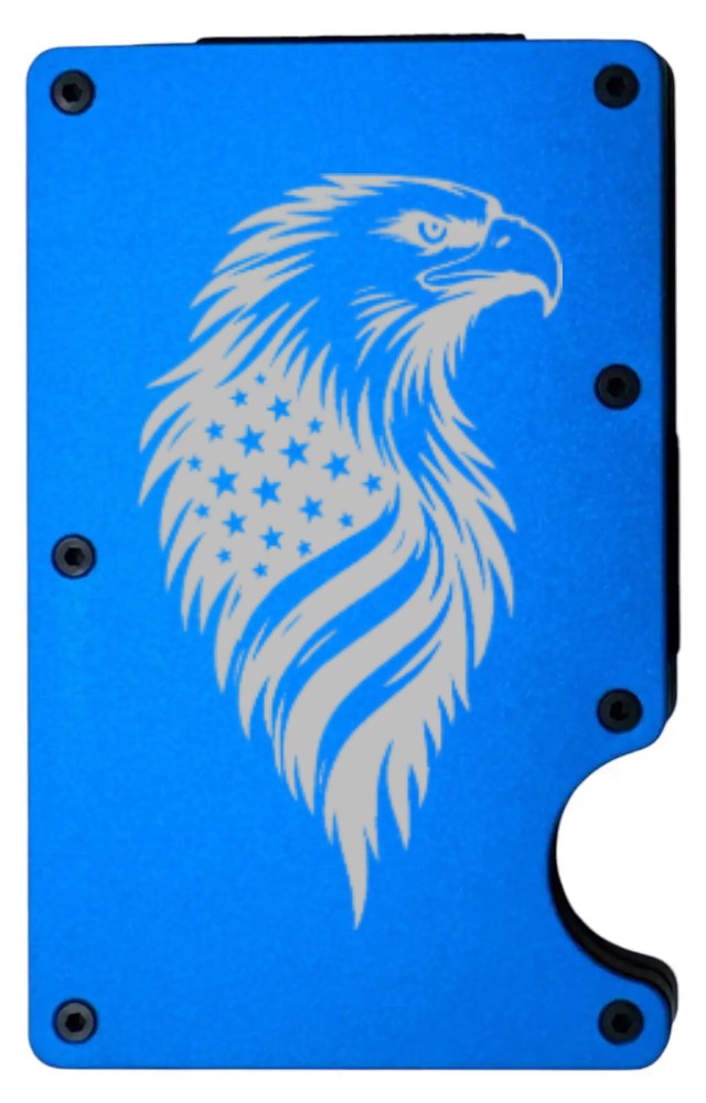 Eagle Flag Feathers design laser engraved on a blue metal wallet, portrait (preview)