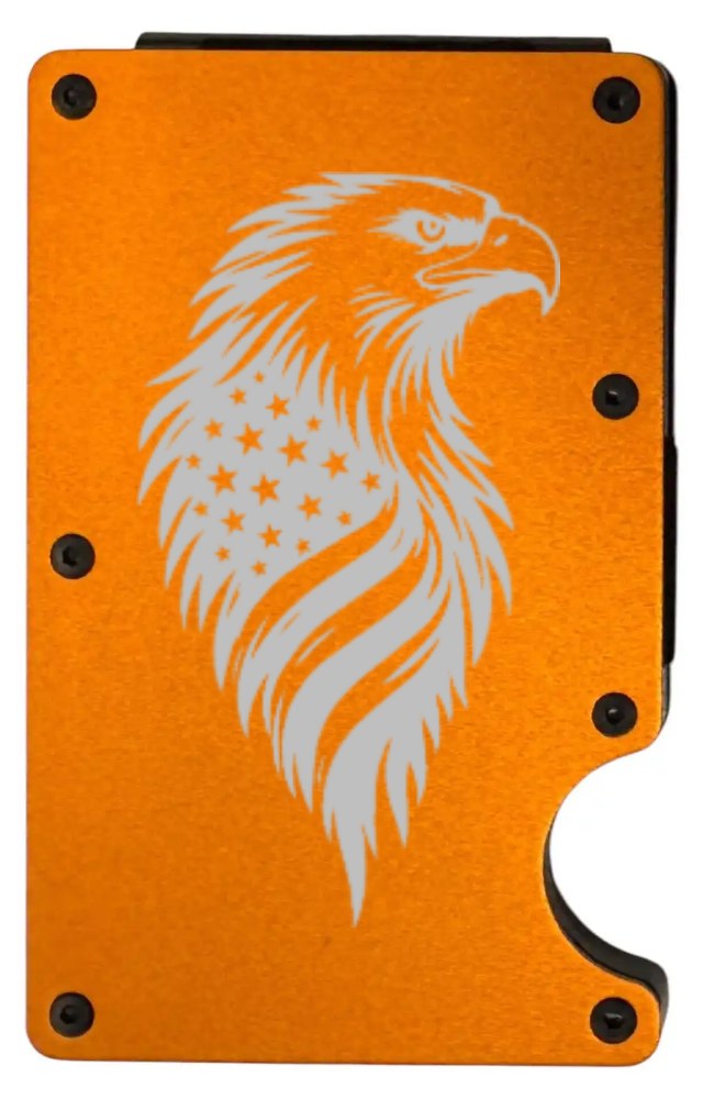 Eagle Flag Feathers design laser engraved on an orange metal wallet, portrait (preview)