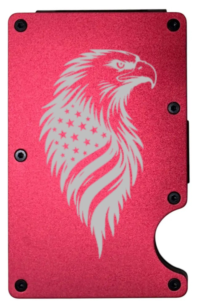 Eagle Flag Feathers design laser engraved on a red metal wallet, portrait (preview)