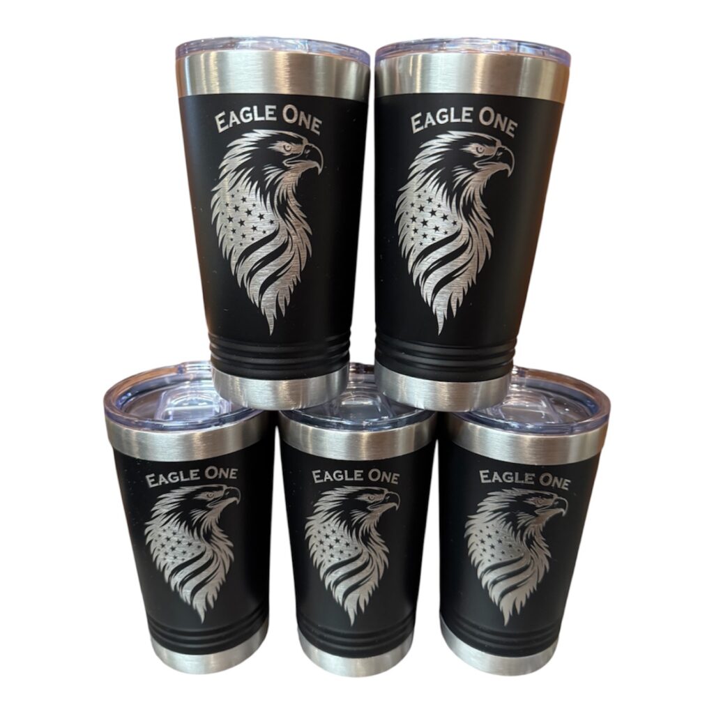Eagle One eagle and flag design laser engraved on black pint tumblers