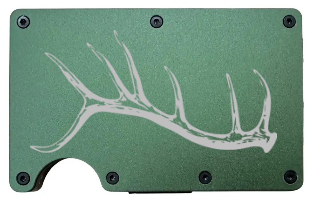 Elk Antler Shed design laser engraved on a army green aluminum RFID wallet