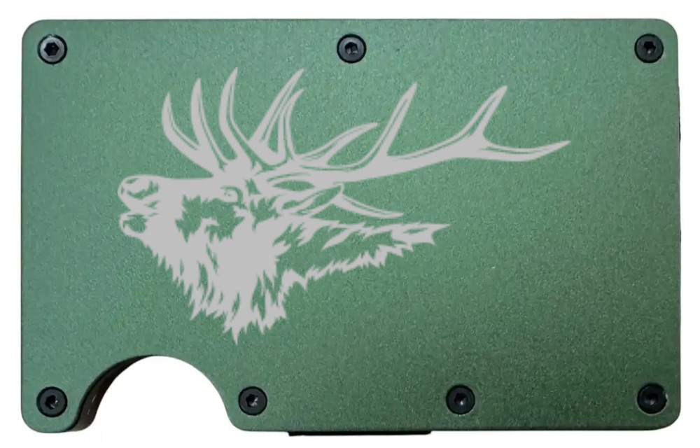 Elk Bugling design laser engraved on a army green aluminum RFID wallet