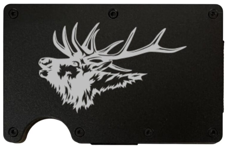 Elk Bugling laser engraved on a black metal wallet