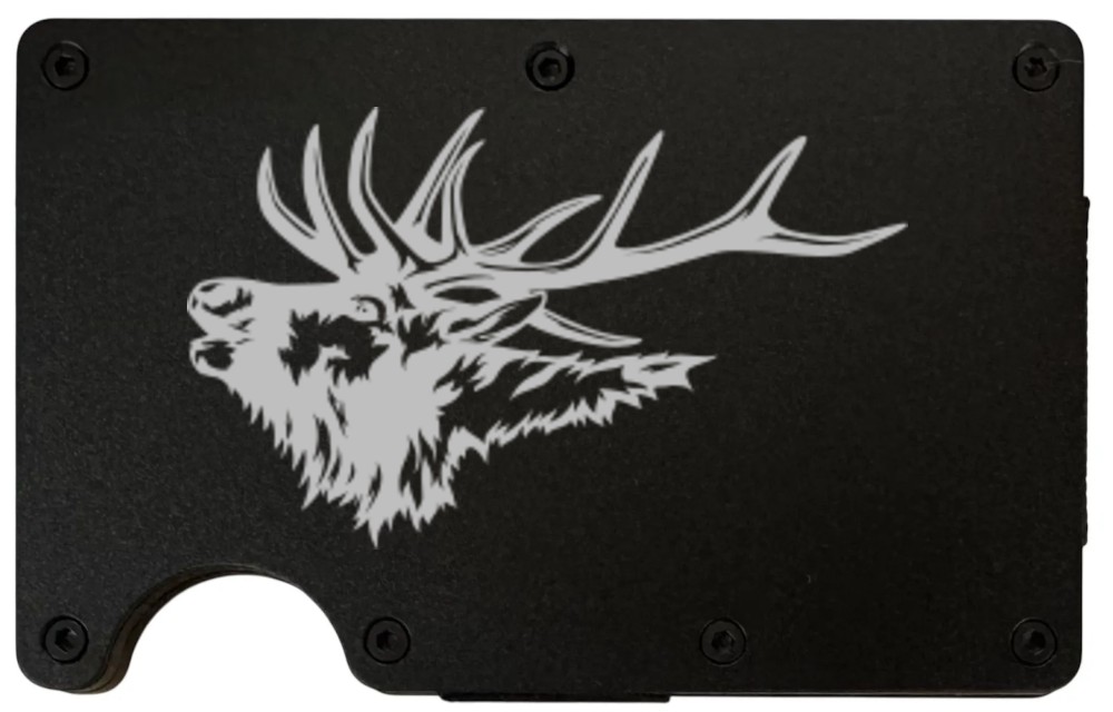 Elk Bugling laser engraved on a black metal wallet