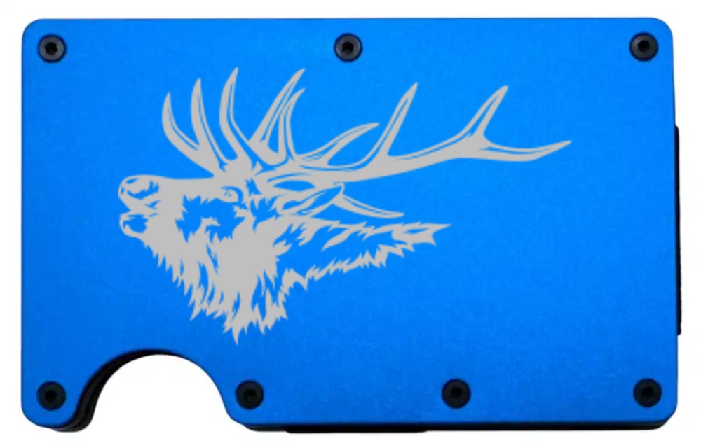 Elk Bugling design laser engraved on a blue metal wallet (preview)