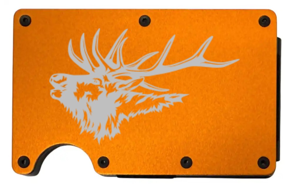 Elk Bugling design laser engraved on a orange metal wallet (preview)
