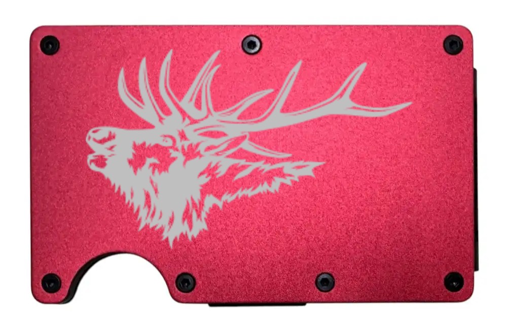 Elk Bugling design laser engraved on a red metal wallet (preview)