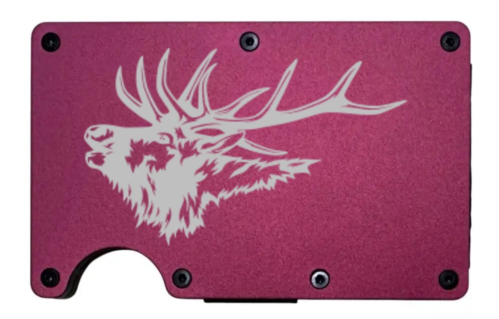 Elk Bugling design laser engraved on a wine red metal wallet (preview)