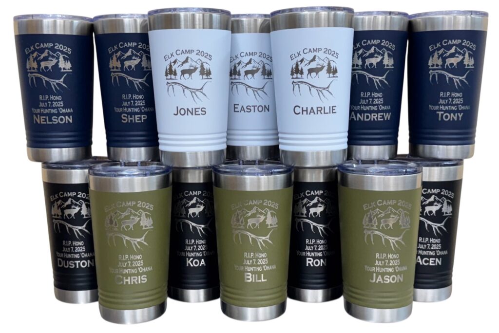 Elk Camp 2025 tumblers laser engraved with each hunter's name