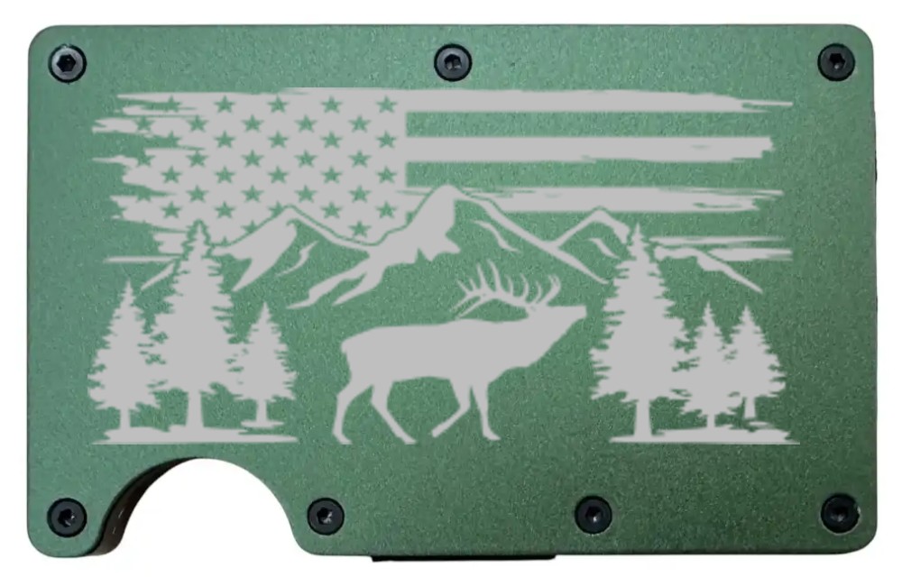 Elk Mountain design laser engraved on a army green metal wallet (preview)