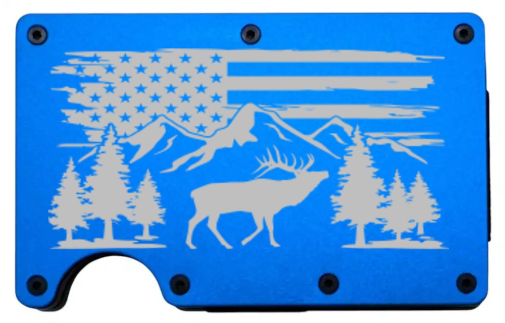 Elk Mountain design laser engraved on a blue metal wallet (preview)