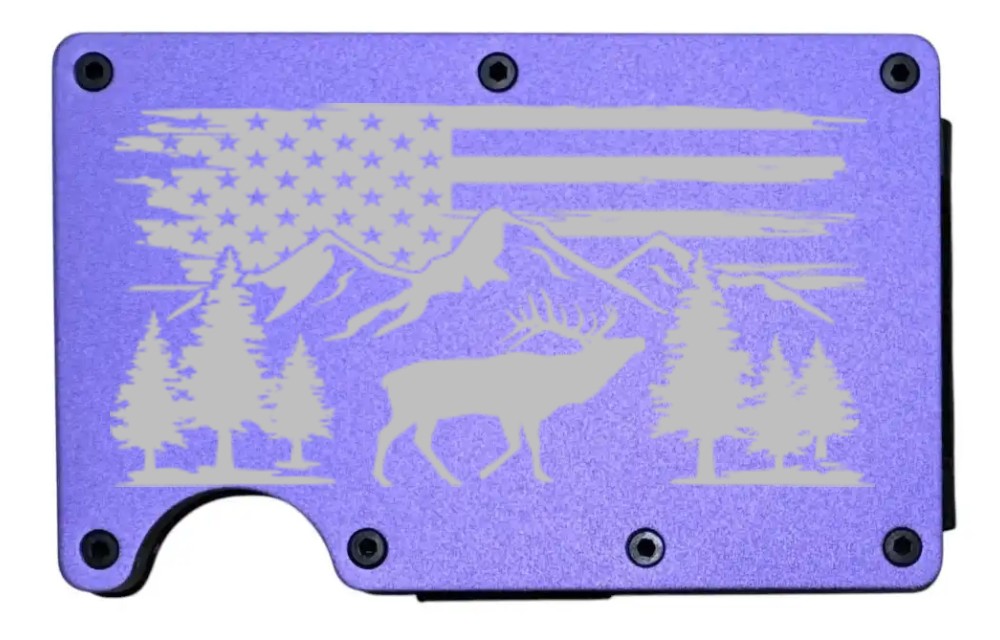 Elk Mountain design laser engraved on a purple metal wallet (preview)