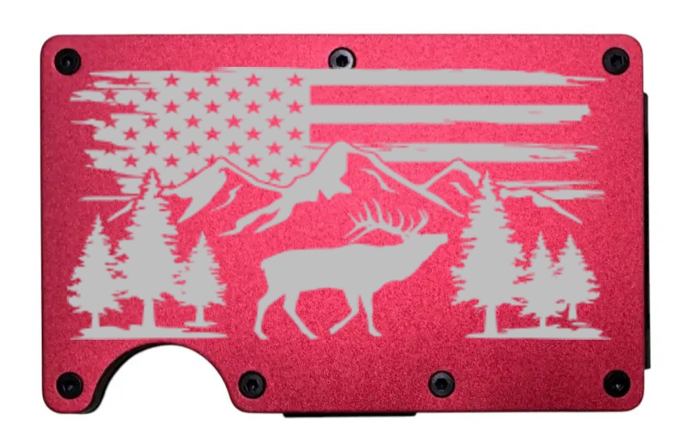 Elk Mountain design laser engraved on a red metal wallet (preview)