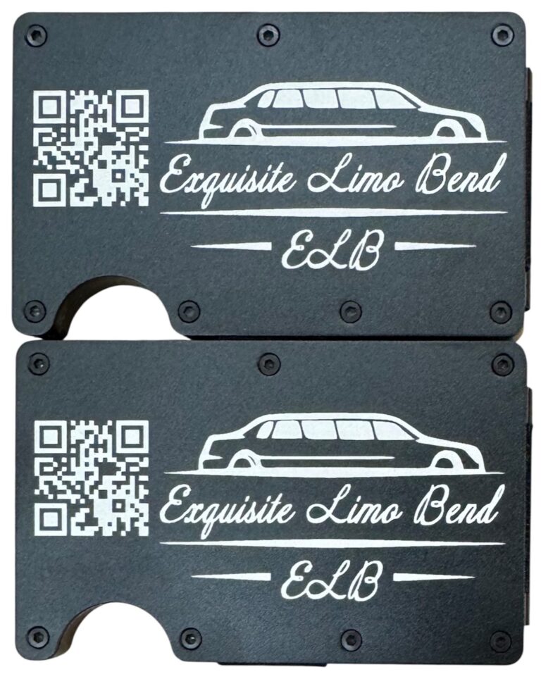 Exquisite Limo Bend logo, limousine and QR code laser engraved on black metal wallets