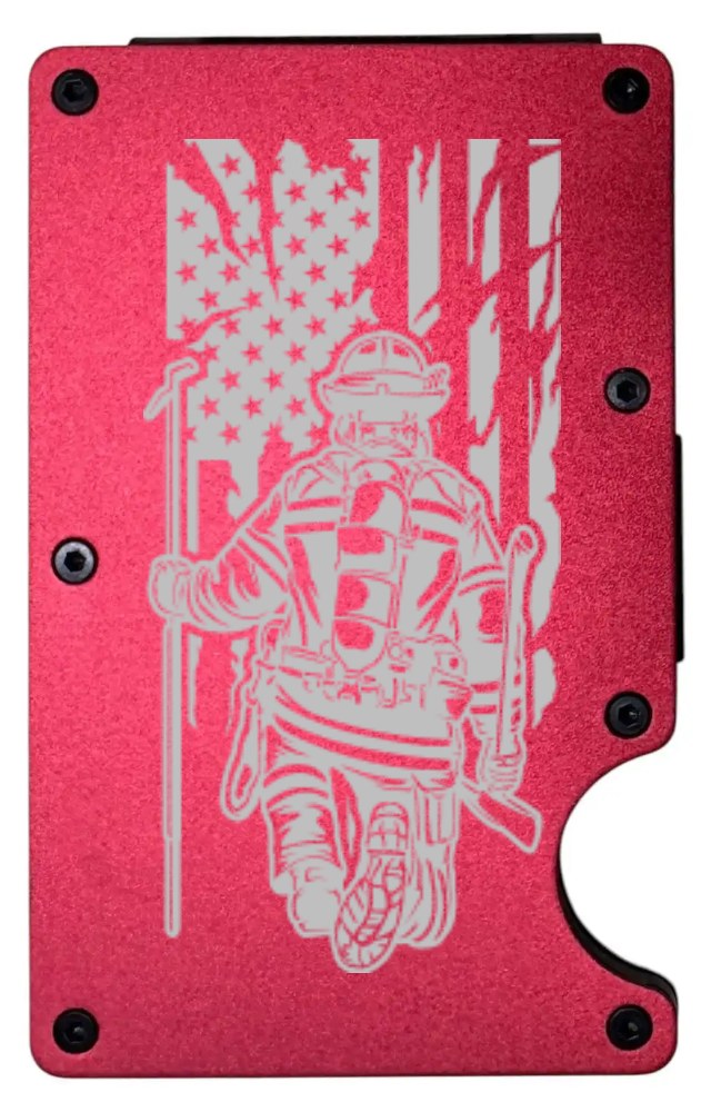 Firefighter design laser engraved on a red metal wallet, portrait (preview)