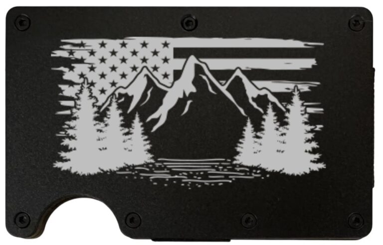 Flag Mountain laser engraved on a black metal wallet
