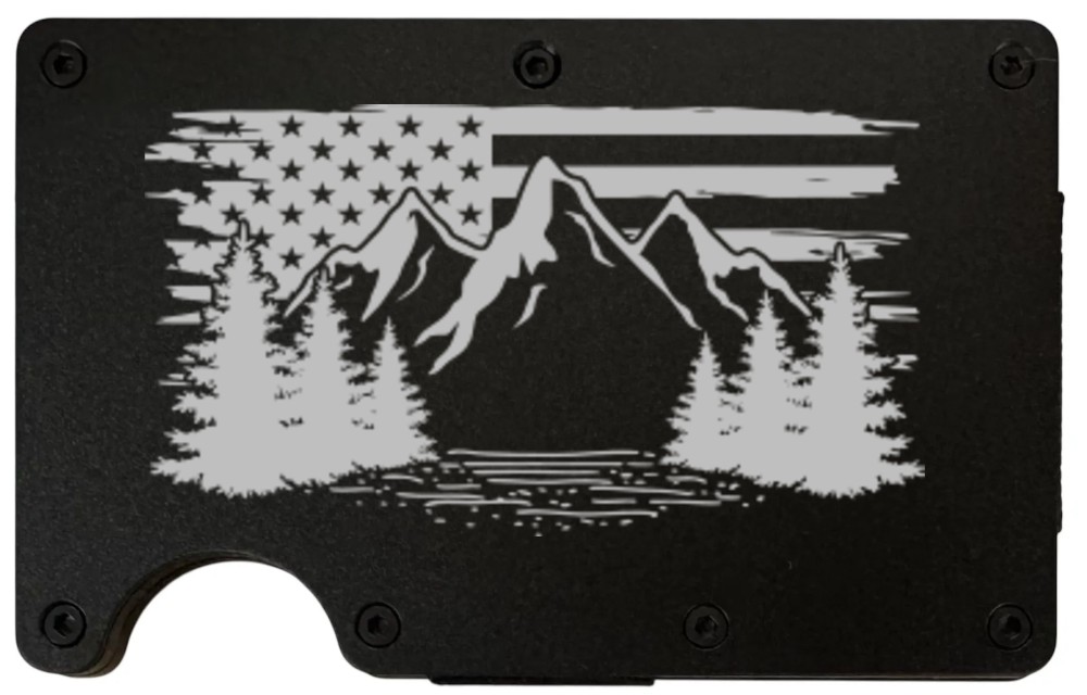 Flag Mountain design laser engraved on a black metal wallet (preview)