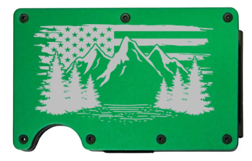 Flag Mountain design laser engraved on a bright green metal wallet (preview)