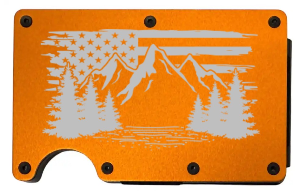 Flag Mountain design laser engraved on a orange metal wallet (preview)