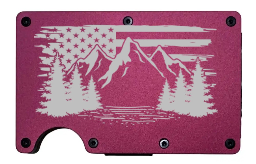Flag Mountain design laser engraved on a wine red metal wallet (preview)