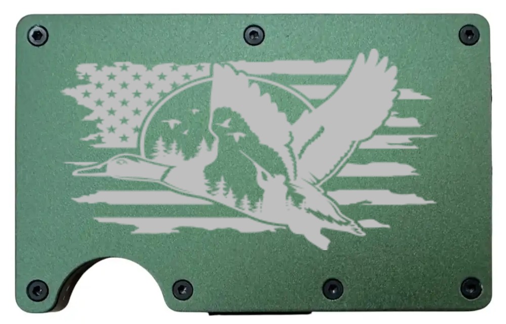 Goose Hunting design laser engraved on a army green metal wallet (preview)