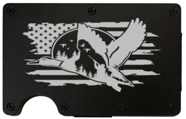 Goose Hunting laser engraved on a black metal wallet