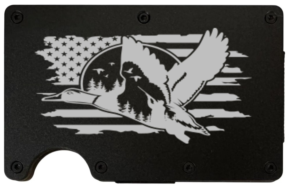 Goose Hunting laser engraved on a black metal wallet
