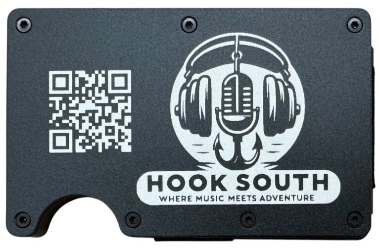 Hook South logo and QR code laser engraved on a black metal wallet