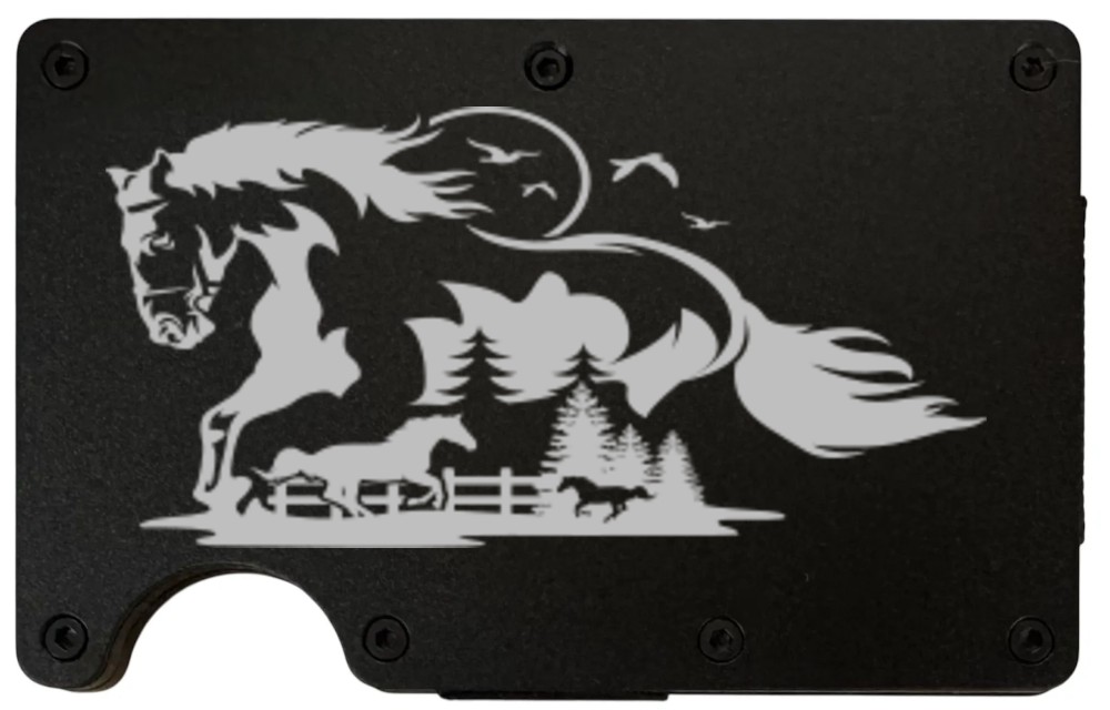 Horse Ranch design laser engraved on a black metal wallet (preview)