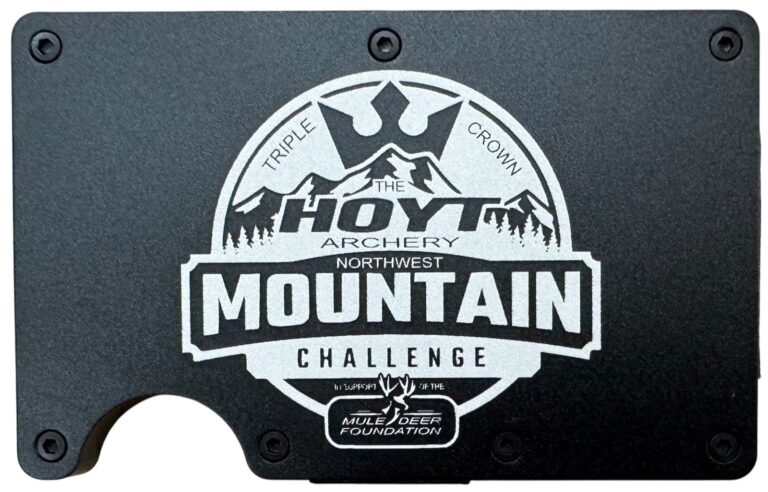 Hoyt Archery Northwest Mountain Challenge event logo laser engraved on a black metal wallet