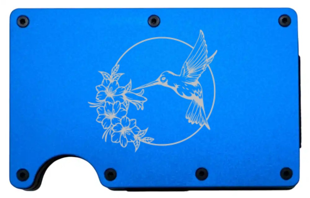 Hummingbird design laser engraved on a blue metal wallet (preview)
