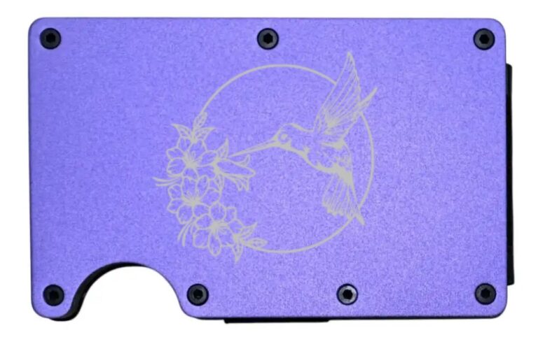 Hummingbird laser engraved on a purple metal wallet
