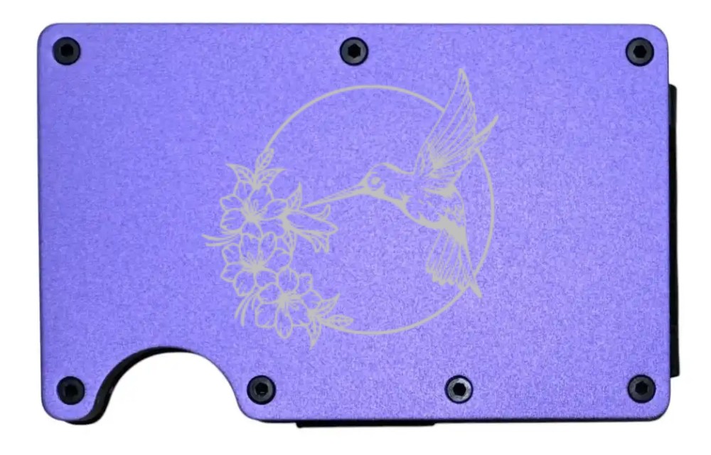 Hummingbird laser engraved on a purple metal wallet