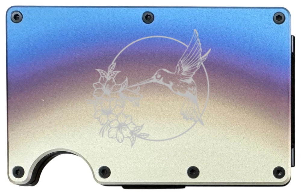 Hummingbird design laser engraved on a titanium finish metal wallet (preview)